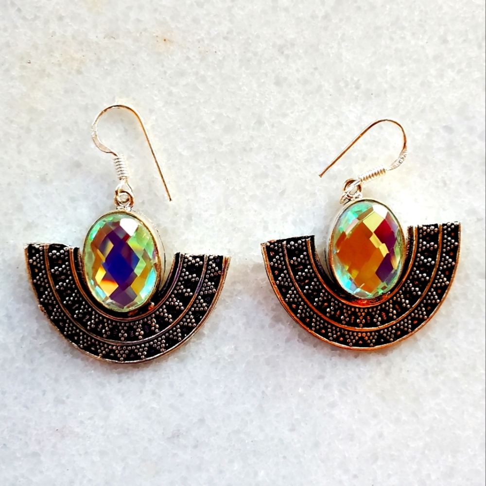 New Mystic Fire Topaz 925 Silver Dangle Earrings.